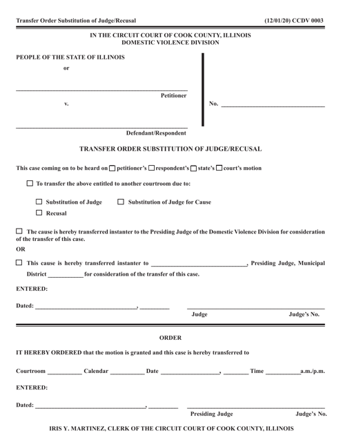 Form CCDV0003 Transfer Order Substitution of Judge/Recusal - Cook County, Illinois