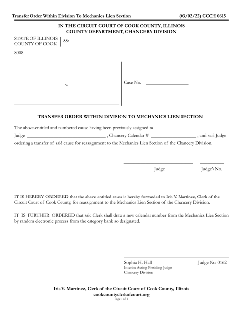 Form CCCH0615 Transfer Order Within Division to Mechanics Lien Section - Cook County, Illinois