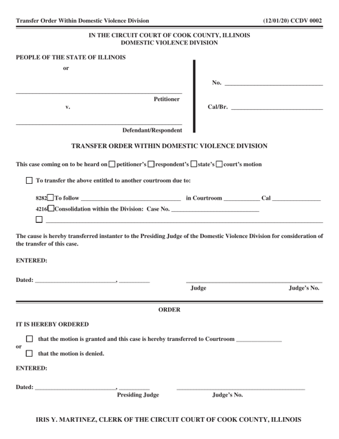 Form CCDV0002 Transfer Order Within Domestic Violence Division - Cook County, Illinois