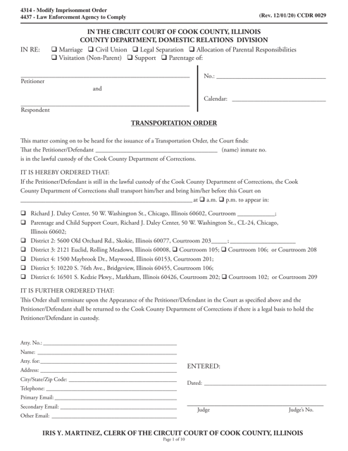 Form CCDR0029 Transportation Order - Department of Corrections - Cook County, Illinois