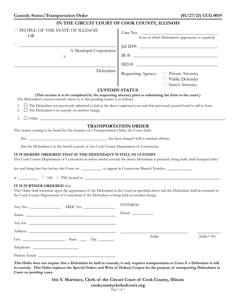 Form CCG0019 Custody Status/Transportation Order - Cook County, Illinois, Page 1