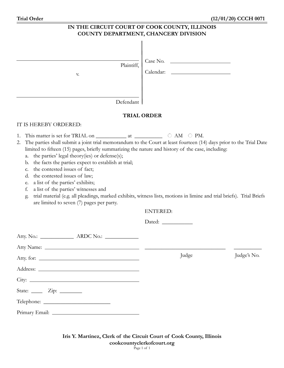 Form CCCH0071 Trial Order - Cook County, Illinois, Page 1