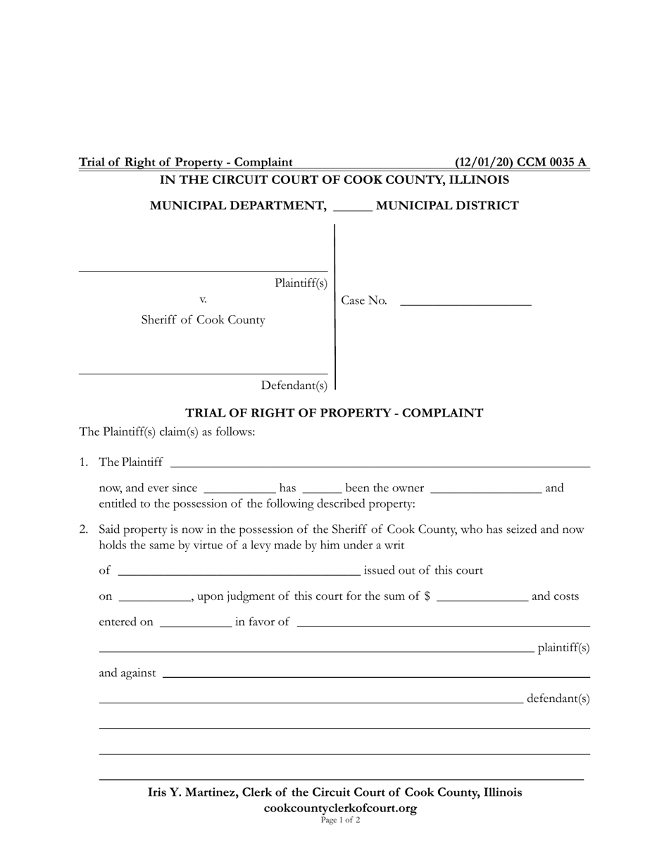 Form CCM0035 Trial of Right of Property - Complaint - Cook County, Illinois, Page 1