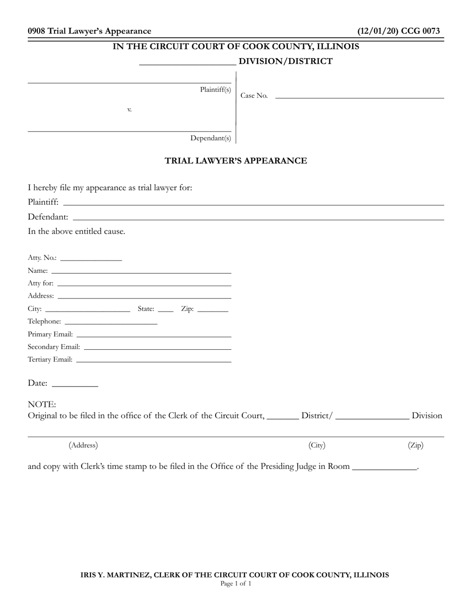 Form CCG0073 Trial Lawyers Appearance - Cook County, Illinois, Page 1