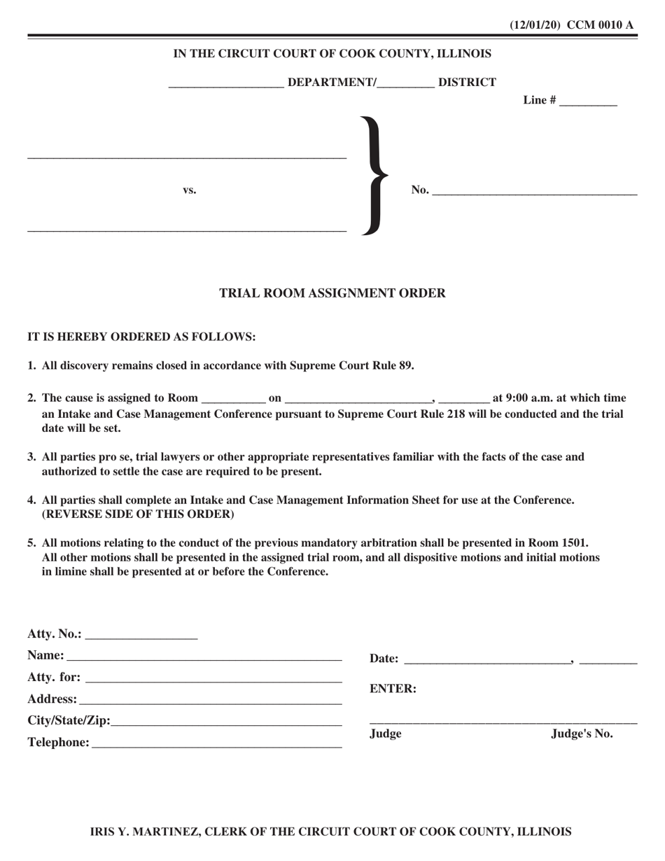 Form CCM0010 Trial Room Assignment Order - Cook County, Illinois, Page 1