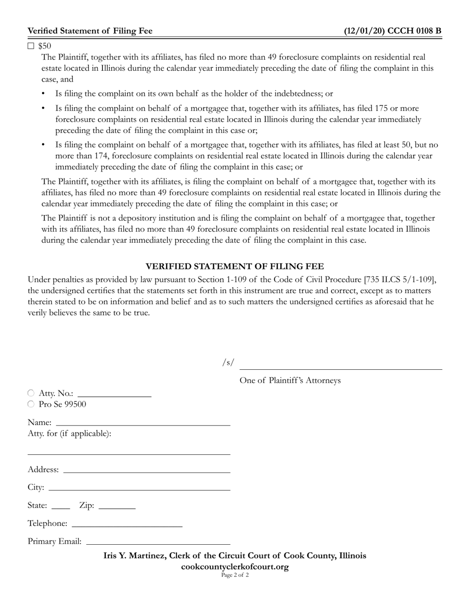 Form CCCH0108 Verified Statement of Filing Fee - Cook County, Illinois, Page 2