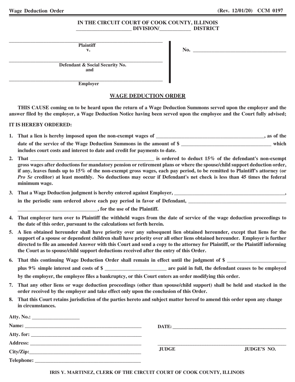 Form CCM0197 Wage Deduction Order - Cook County, Illinois, Page 1