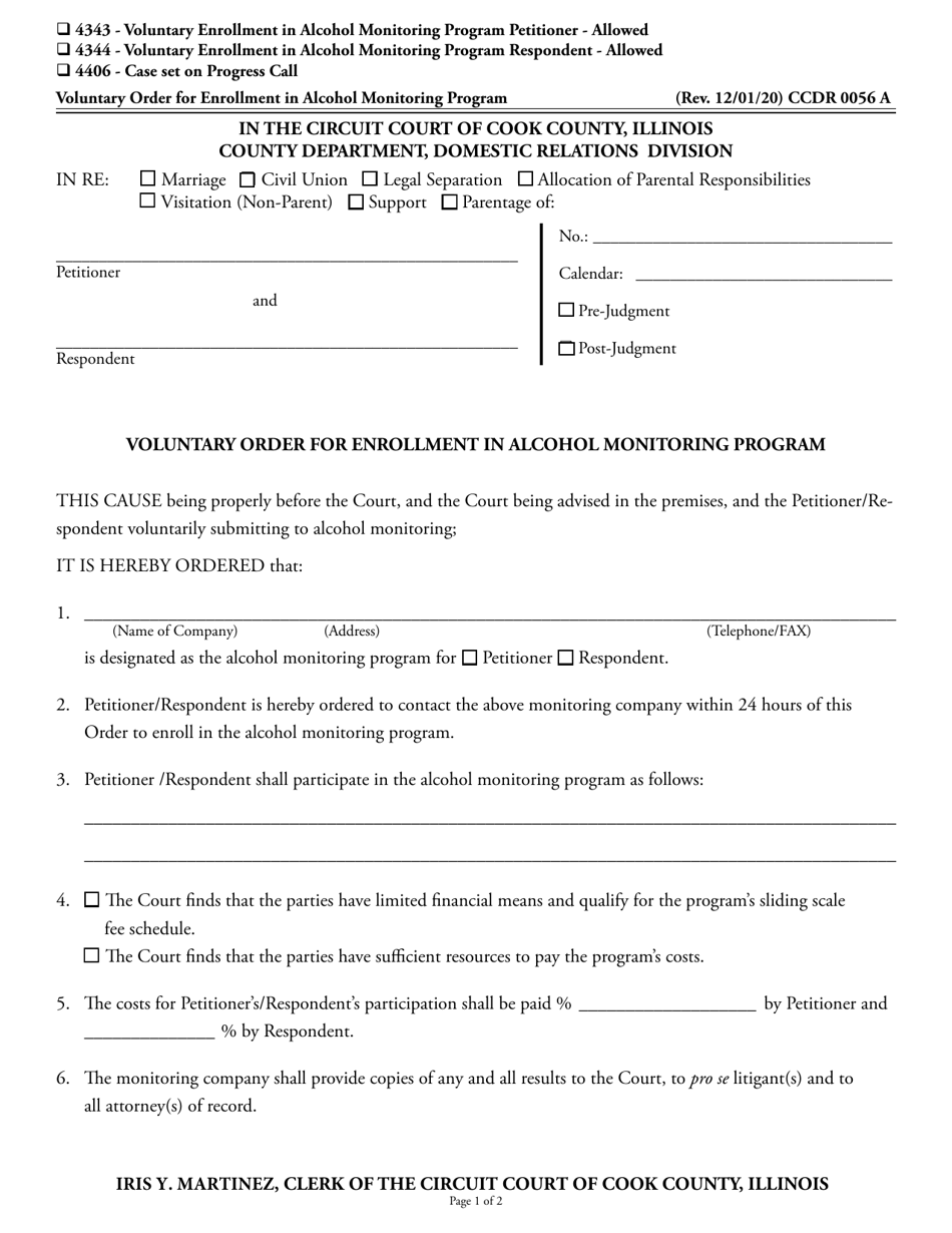 Form CCDR0056 Voluntary Order for Enrollment in Alcohol Monitoring Program - Cook County, Illinois, Page 1