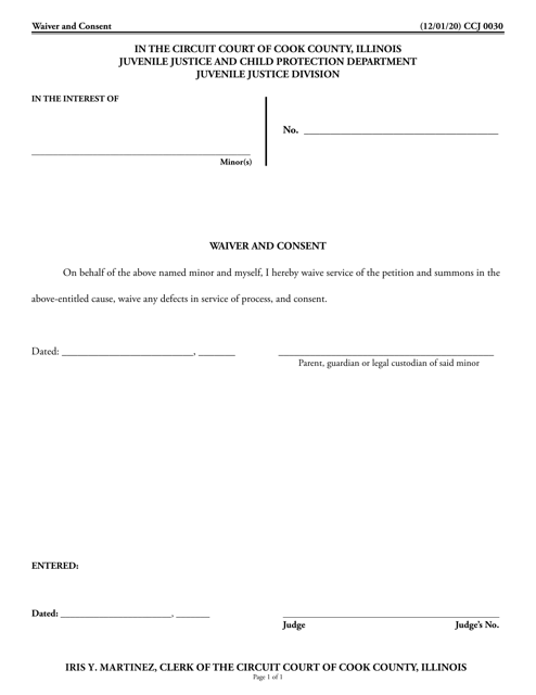 Form CCJ0030 Waiver and Consent - Cook County, Illinois