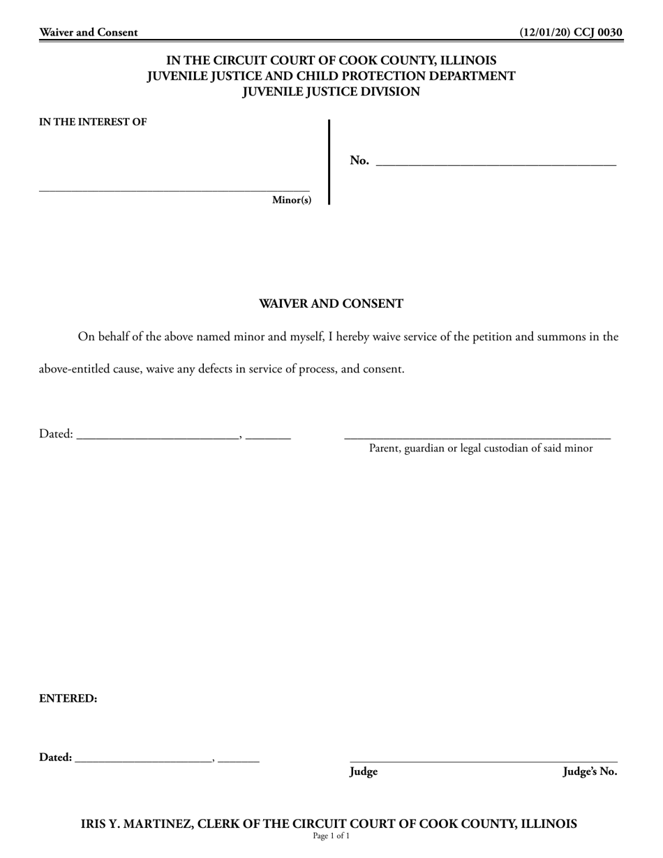 Form CCJ0030 Waiver and Consent - Cook County, Illinois, Page 1