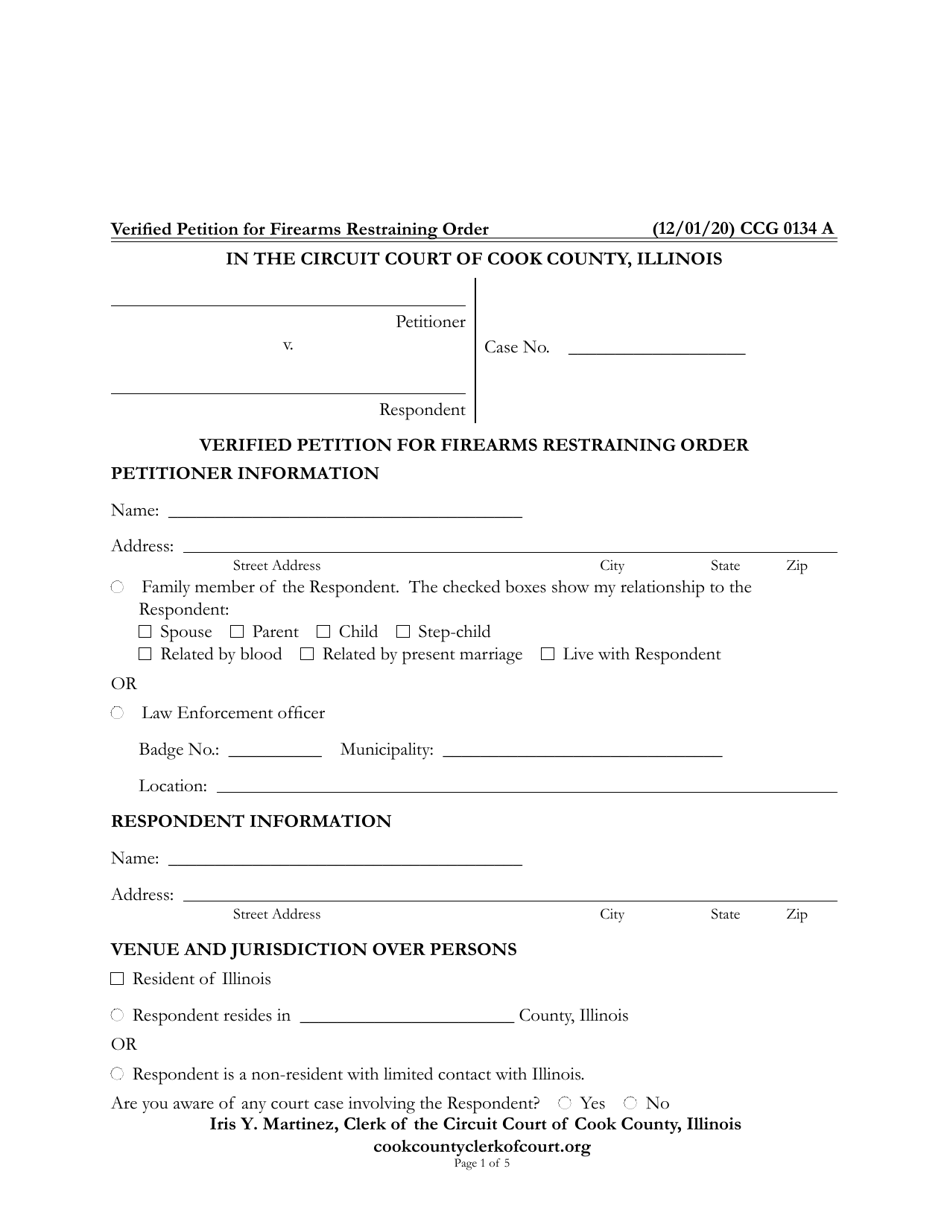 Form CCG0134 Verified Petition for Firearms Restraining Order - Cook County, Illinois, Page 1