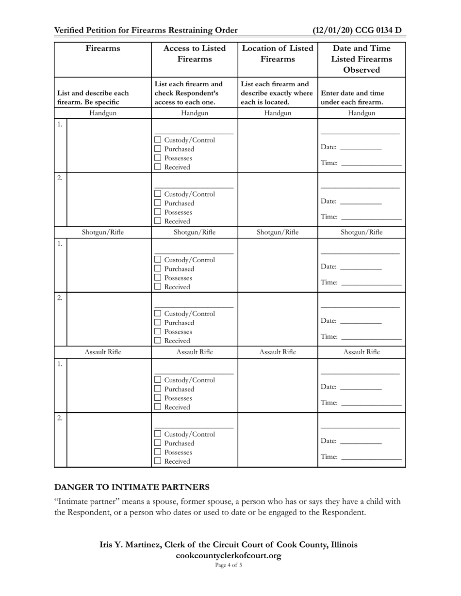 Form CCG0134 Verified Petition for Firearms Restraining Order - Cook County, Illinois, Page 4