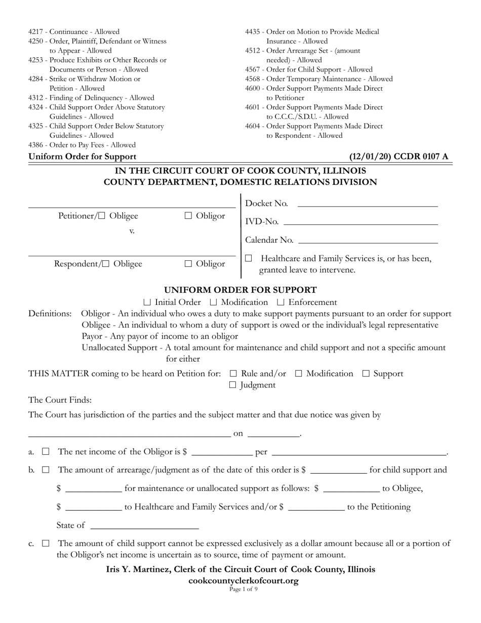 Form CCDR0107 Uniform Order for Support - Cook County, Illinois, Page 1