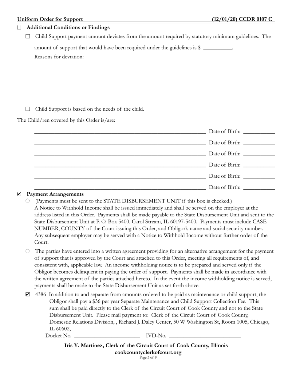 Form CCDR0107 Uniform Order for Support - Cook County, Illinois, Page 3
