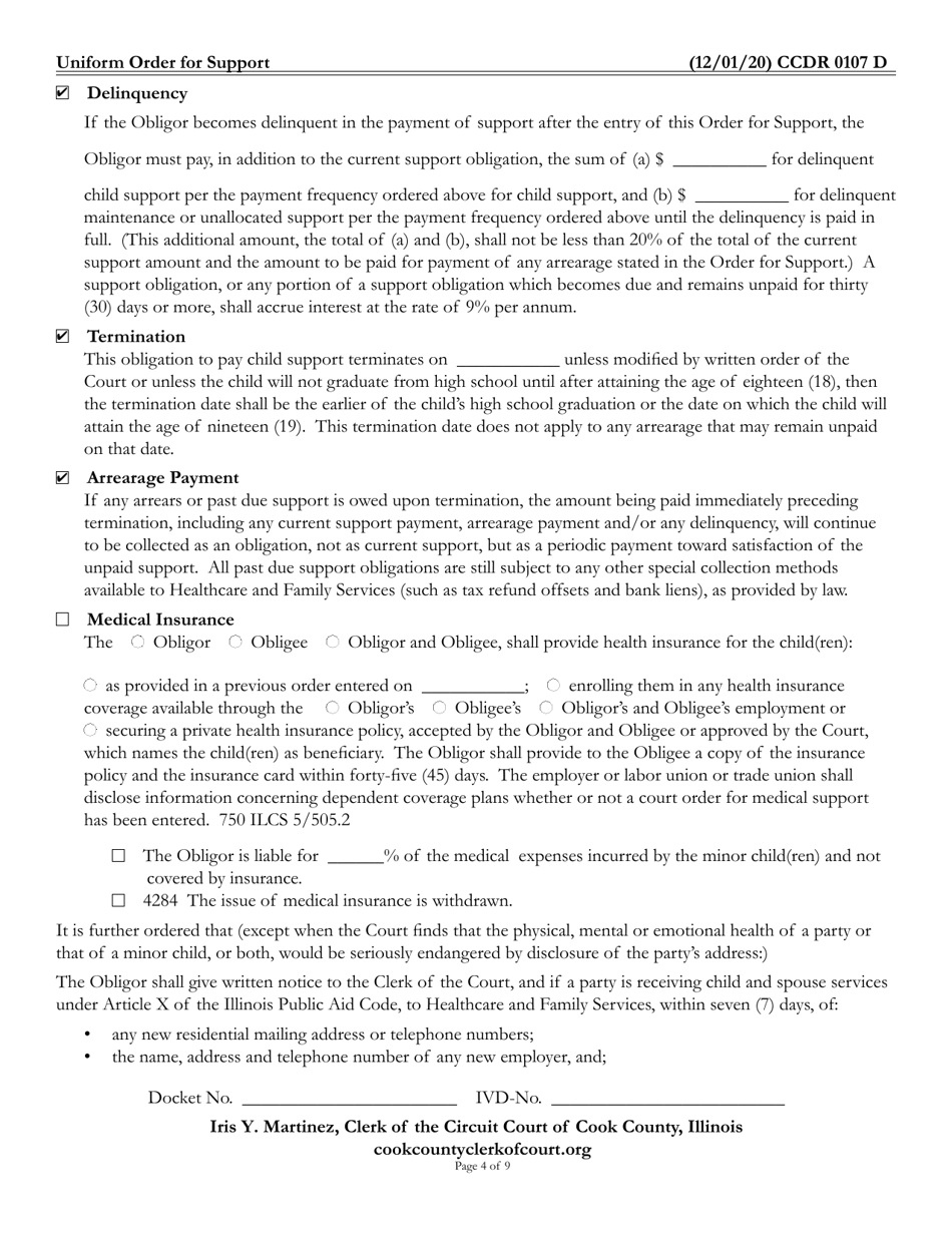 Form CCDR0107 Uniform Order for Support - Cook County, Illinois, Page 4