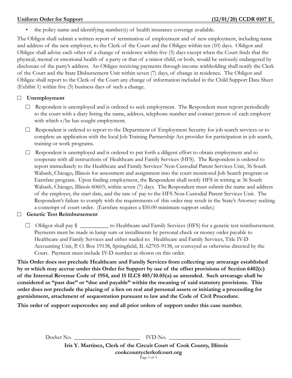 Form CCDR0107 Uniform Order for Support - Cook County, Illinois, Page 5