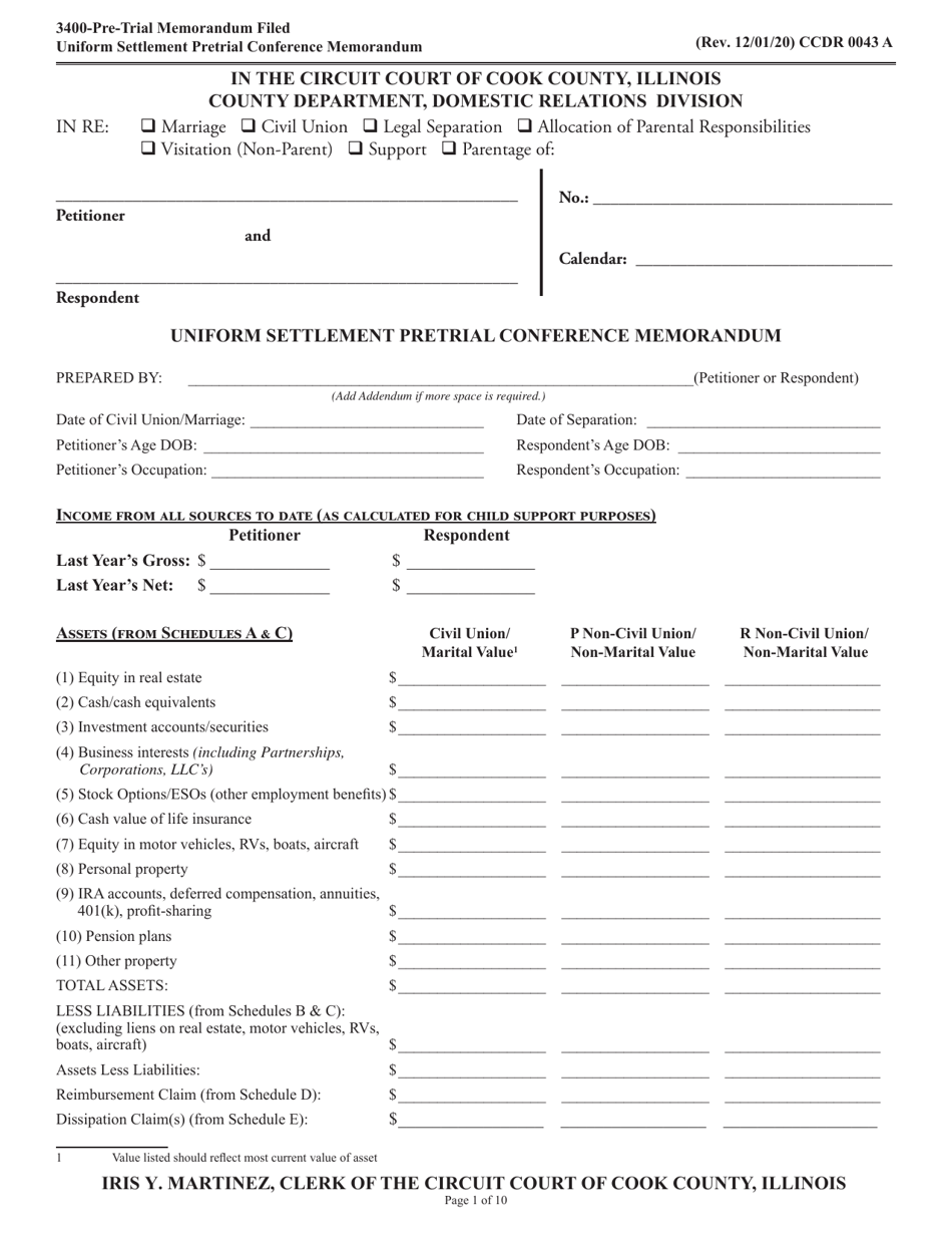 Form CCDR0043 Uniform Settlement Pretrial Conference Memorandum - Cook County, Illinois, Page 1