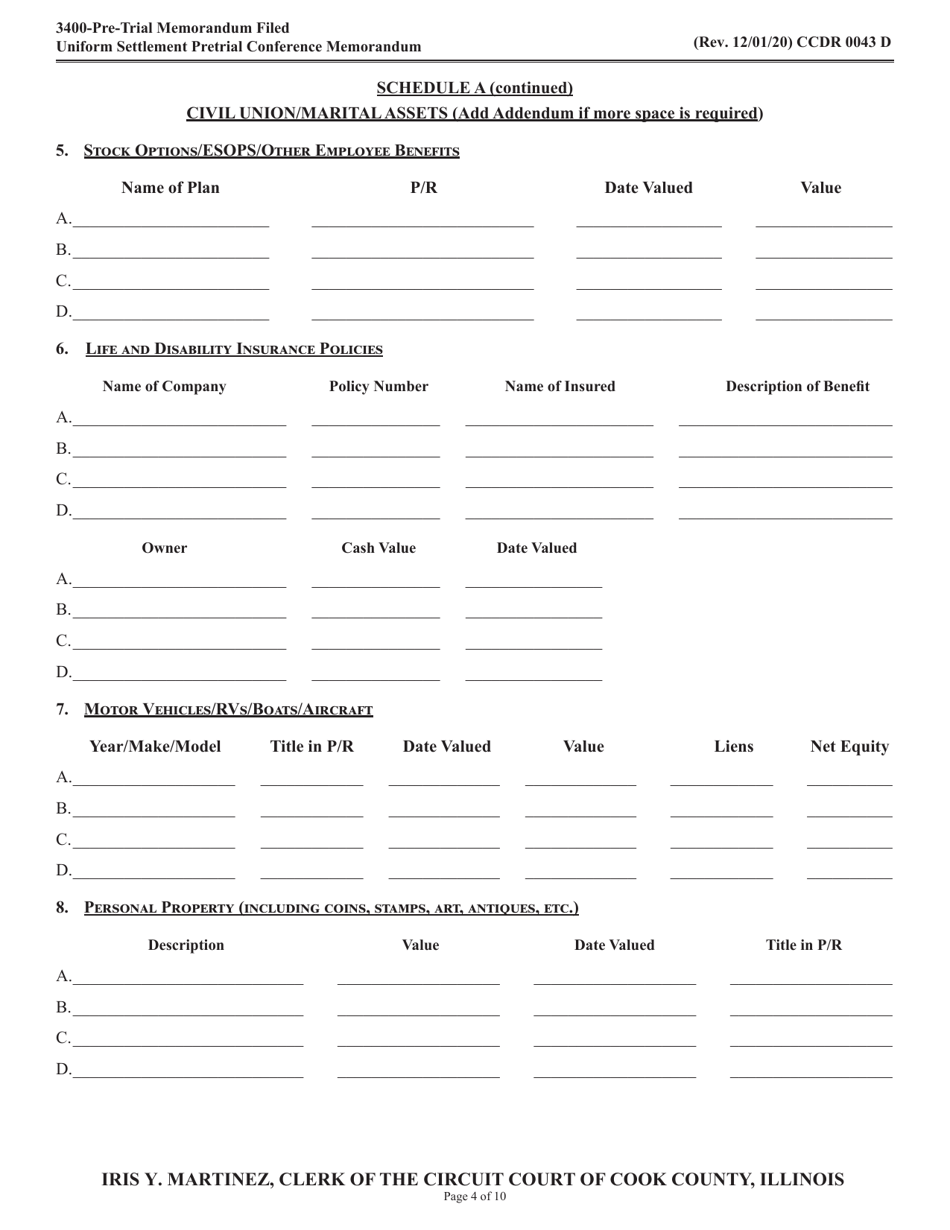 Form CCDR0043 Uniform Settlement Pretrial Conference Memorandum - Cook County, Illinois, Page 4