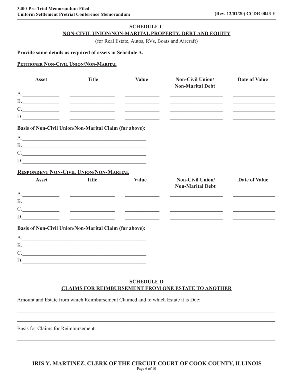 Form CCDR0043 Uniform Settlement Pretrial Conference Memorandum - Cook County, Illinois, Page 6