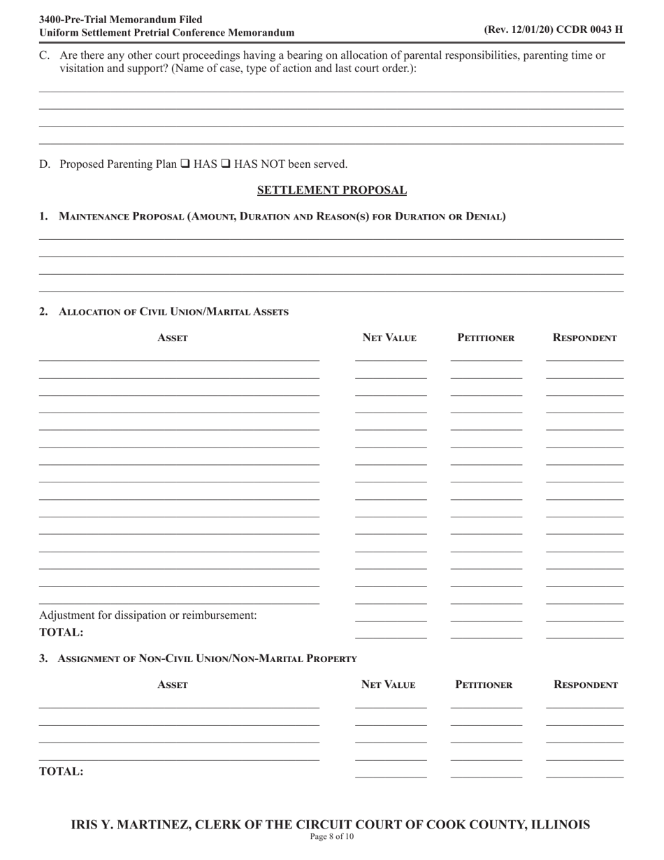 Form CCDR0043 Uniform Settlement Pretrial Conference Memorandum - Cook County, Illinois, Page 8