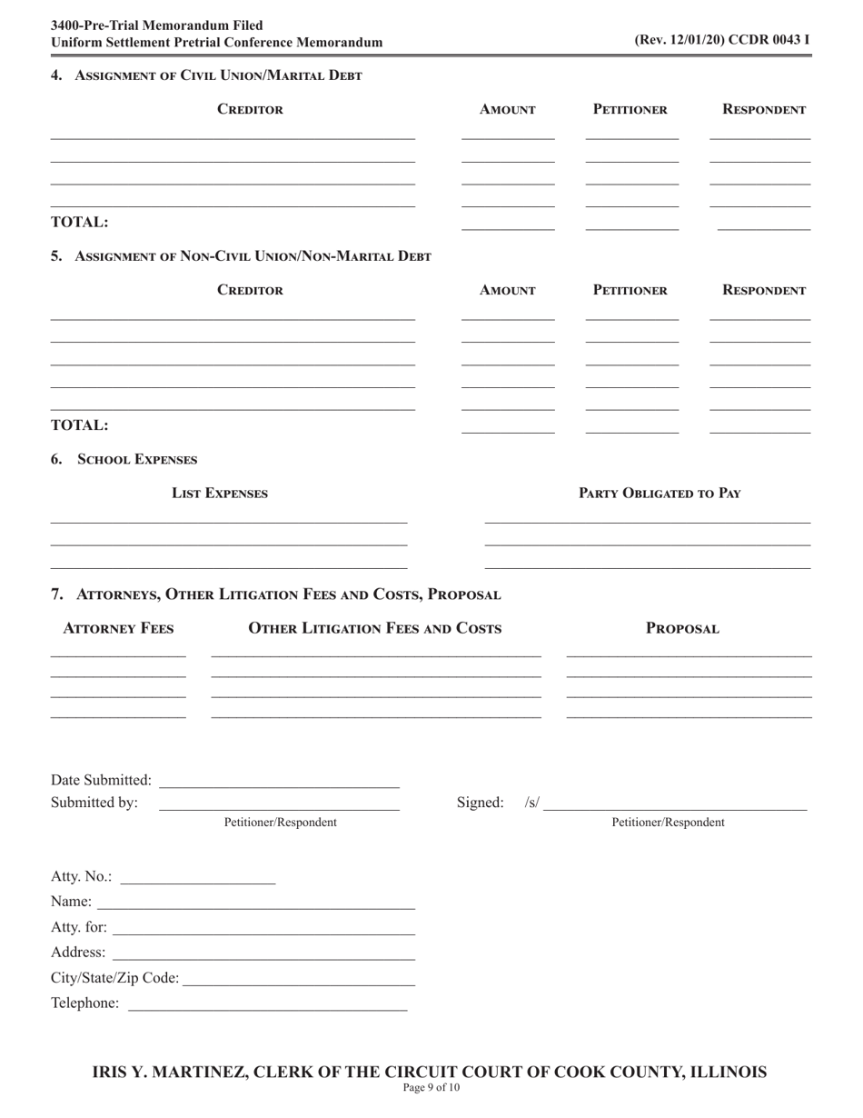 Form CCDR0043 Uniform Settlement Pretrial Conference Memorandum - Cook County, Illinois, Page 9