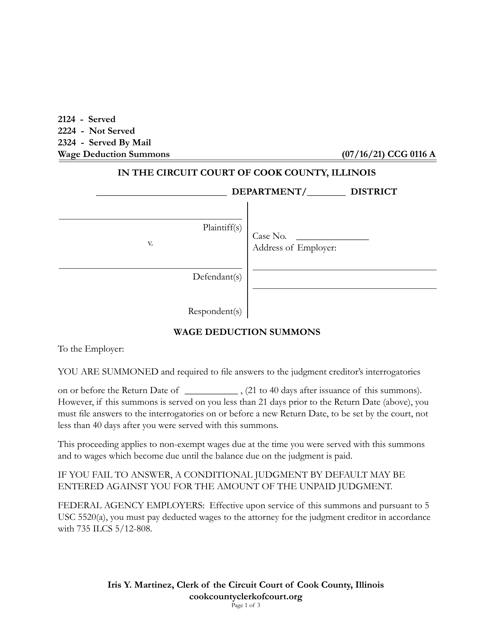 Form CCG0116 Wage Deduction Summons - Cook County, Illinois