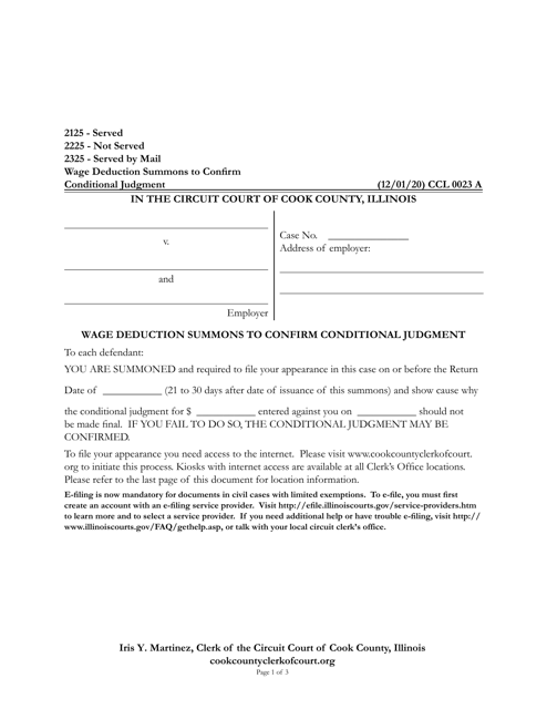 Form CCL0023 Wage Deduction Summons to Confirm Conditional Judgment - Cook County, Illinois