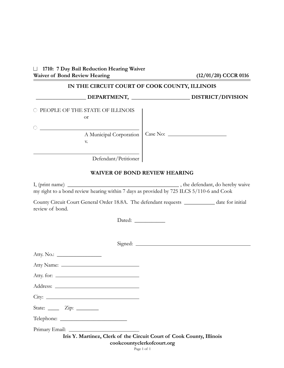 Form CCCR0116 Waiver of Bond Review Hearing - Cook County, Illinois, Page 1
