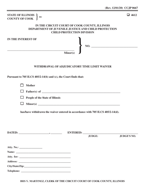 Form CCJP0667 Withdrawal of Adjudicatory Time Limit Waiver - Cook County, Illinois