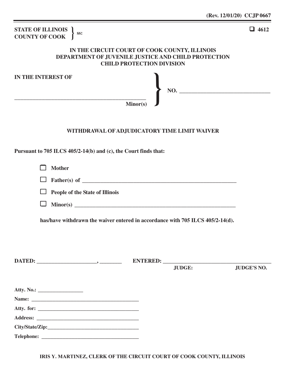 Form CCJP0667 Withdrawal of Adjudicatory Time Limit Waiver - Cook County, Illinois, Page 1