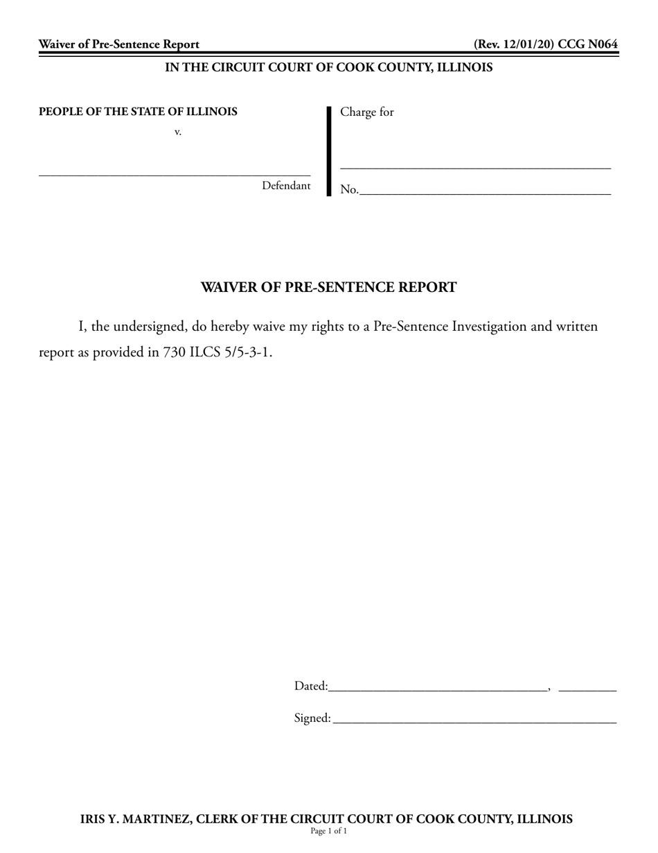 Form CCG N064 Waiver of Pre-sentence Report (Criminal) - Cook County, Illinois, Page 1