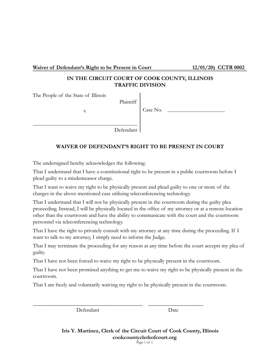 Form CCTR0002 Waiver of Defendant's Right to Be Present in Court - Cook County, Illinois, Page 1