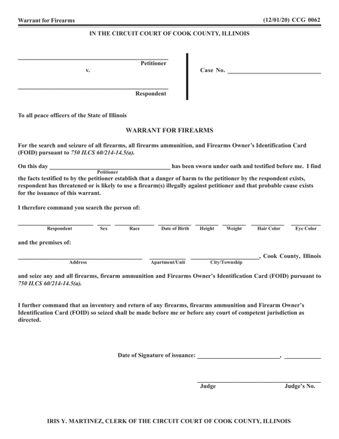 Form CCG0062 Warrant for Firearms - Cook County, Illinois