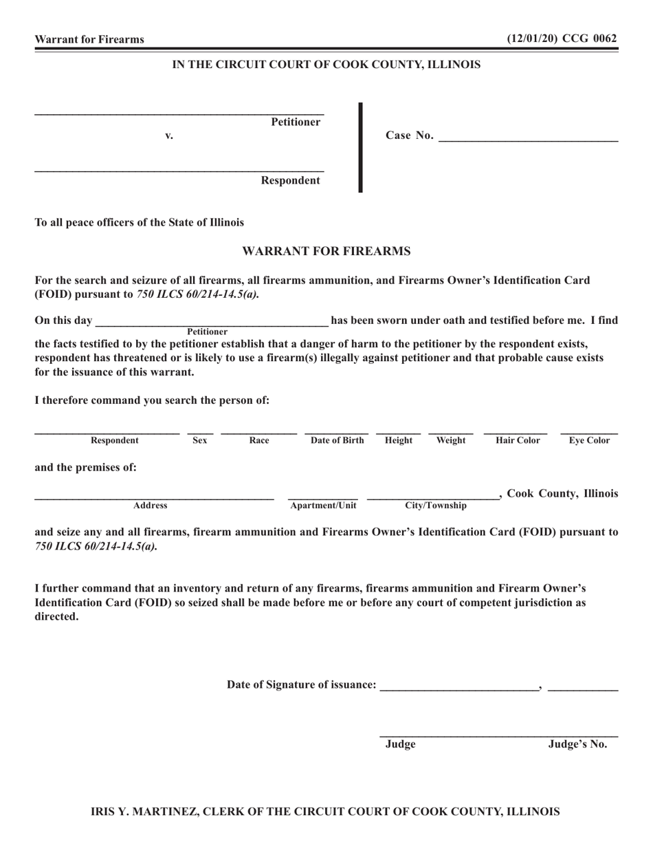 Form CCG0062 Warrant for Firearms - Cook County, Illinois, Page 1