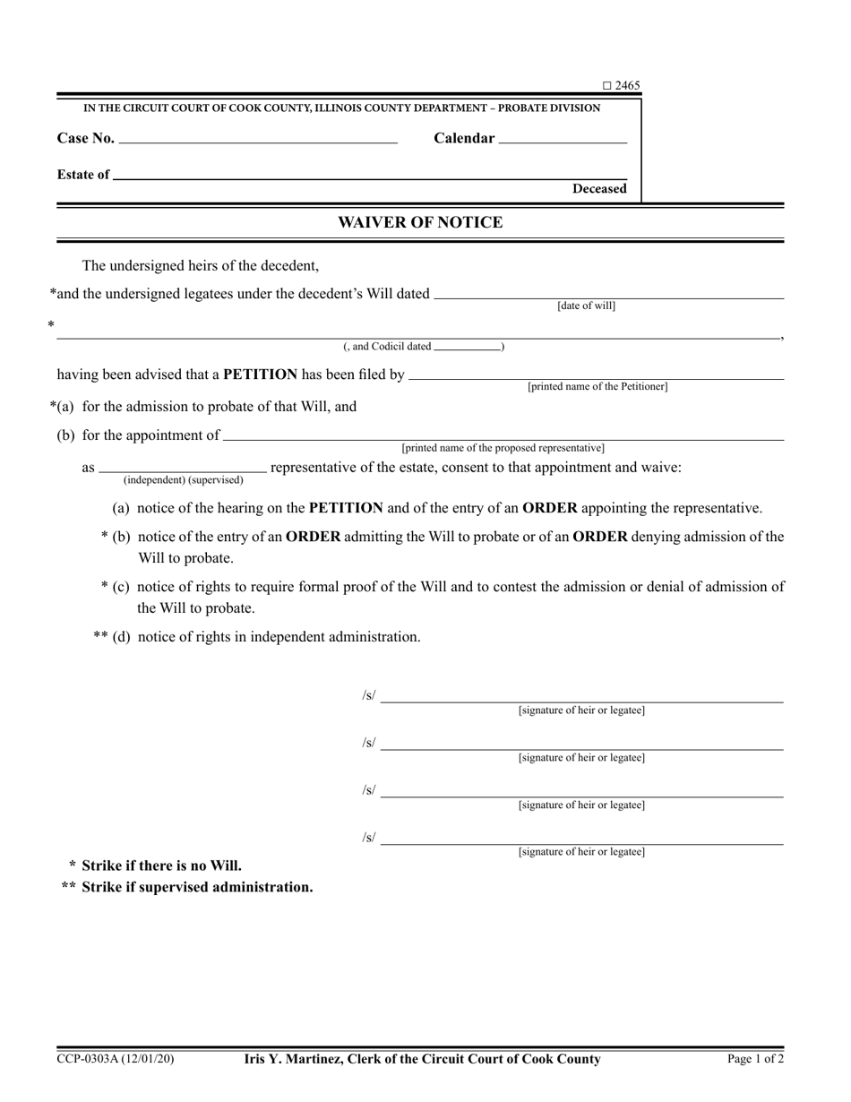 Form CCP0303 Waiver of Notice - Cook County, Illinois, Page 1