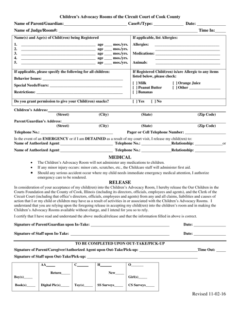 Children's Advocacy Room Registration Form - Cook County, Illinois Download Pdf