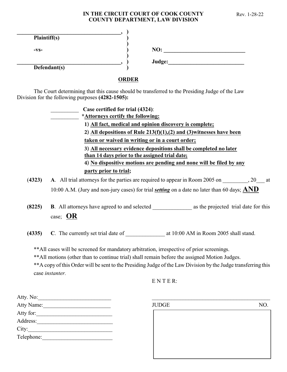 Trial Certification Order - Cook County, Illinois, Page 1
