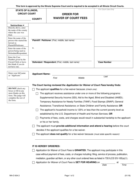 Form WA-O604.3 Order for Waiver of Court Fees - Illinois