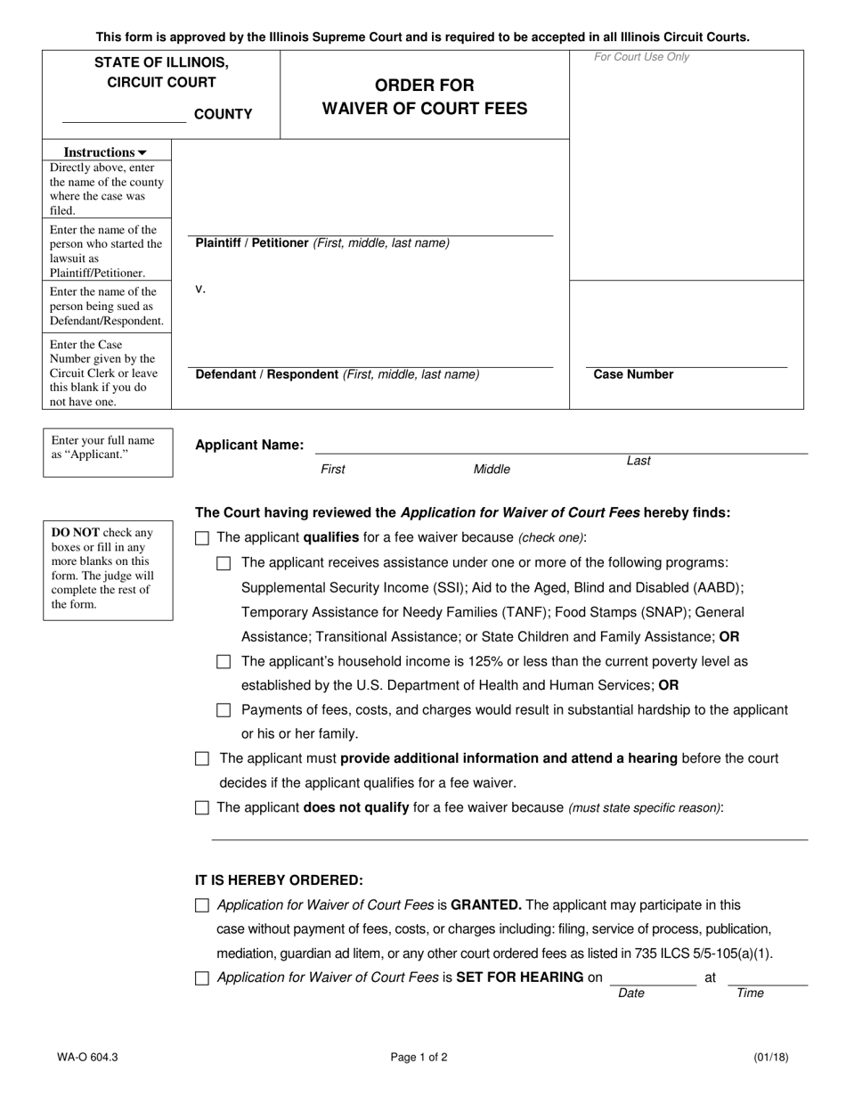 Form WA-O604.3 Order for Waiver of Court Fees - Illinois, Page 1