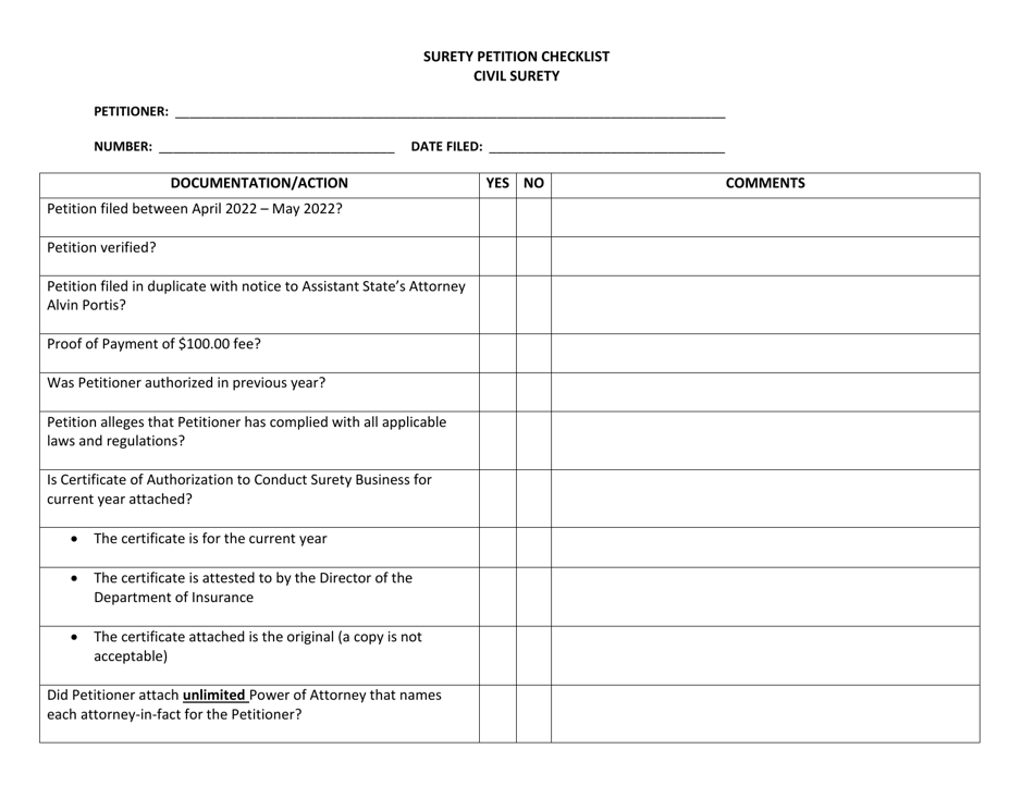 Civil Surety Petition Checklist - Cook County, Illinois, Page 1