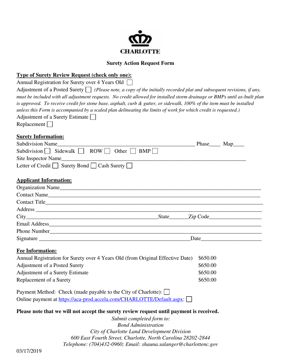 Surety Action Request Form - City of Charlotte, North Carolina, Page 1