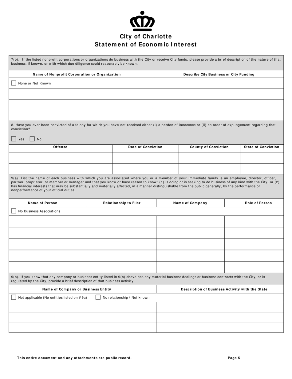 Statement of Economic Interest - City of Charlotte, North Carolina, Page 5