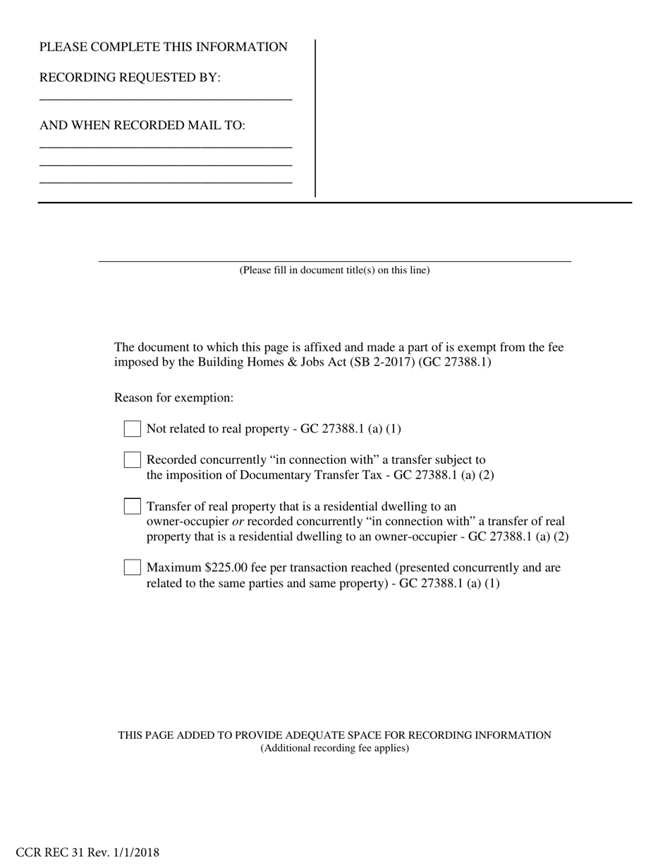 Form CCR REC31 Senate Bill (Sb) 2 Building Homes and Jobs Act Exemption Cover Sheet - Ventura County, California, Page 1