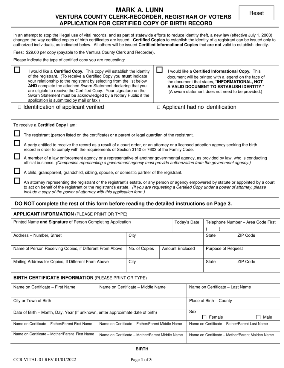 Form CCR VITAL01 Application for Certified Copy of Birth Record - Ventura County, California, Page 1