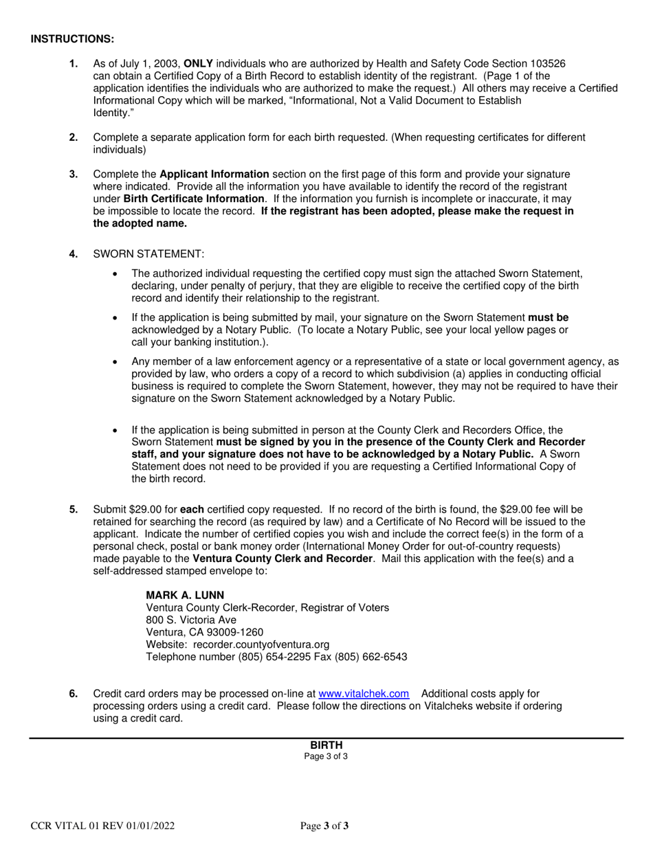Form CCR VITAL01 Application for Certified Copy of Birth Record - Ventura County, California, Page 3