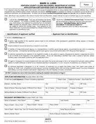 Form CCR VITAL02 Application for Certified Copy of Death Record - Ventura County, California