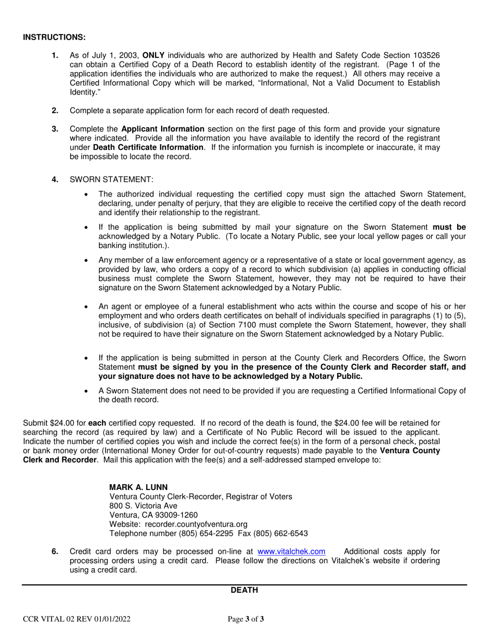Form CCR VITAL02 Application for Certified Copy of Death Record - Ventura County, California, Page 3