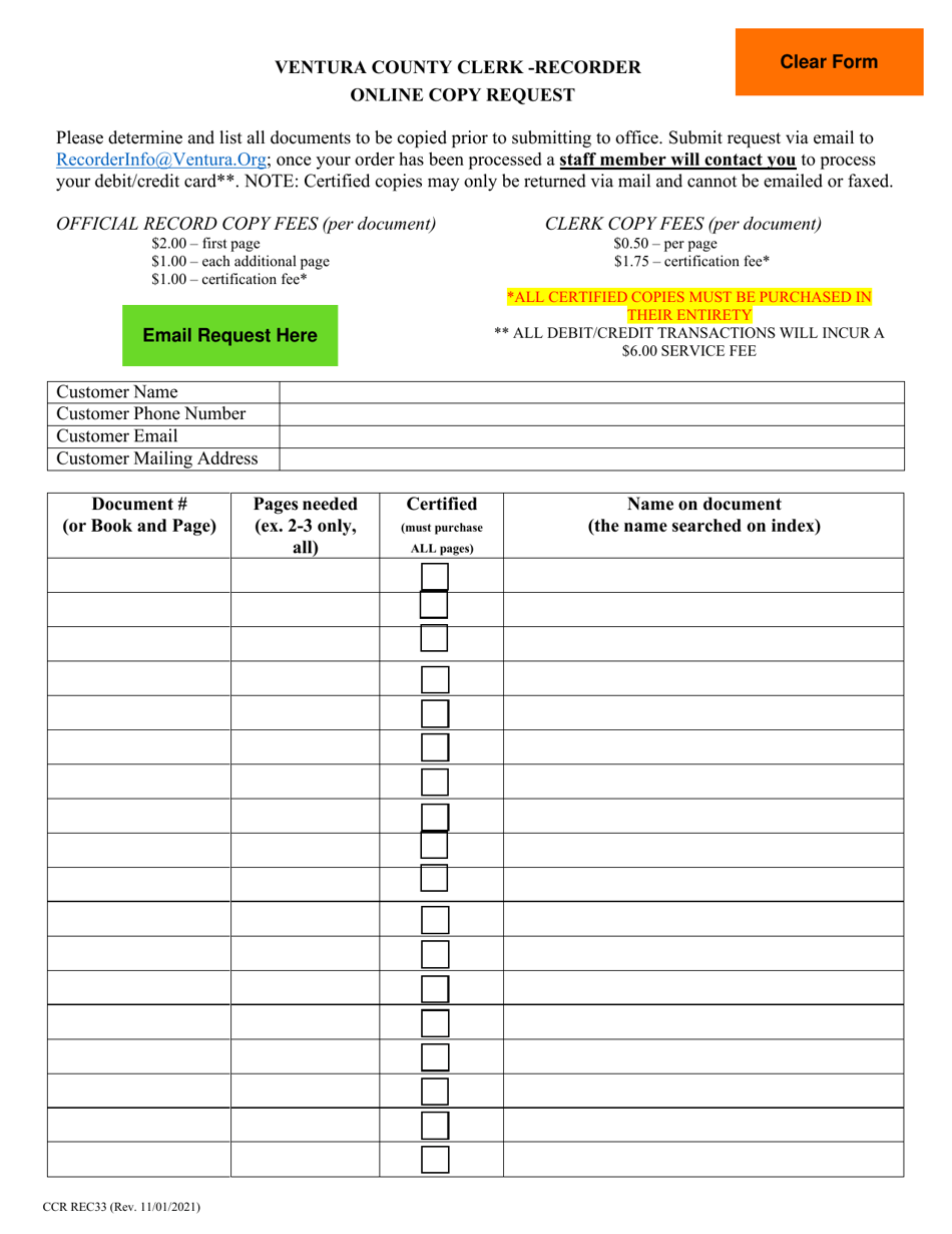 Form CCR REC33 Official Record Online Copy Request Form - Ventura County, California, Page 1