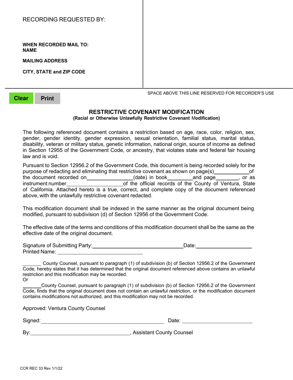 Form CCR REC33 Restrictive Covenant Modification - Ventura County, California, Page 1