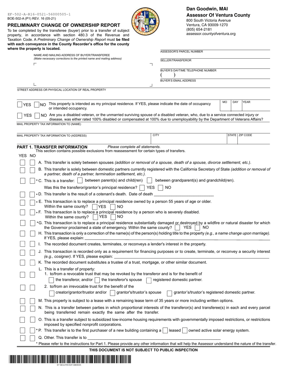 Form BOE-502-A Preliminary Change of Ownership Report - County of Ventura, California, Page 1
